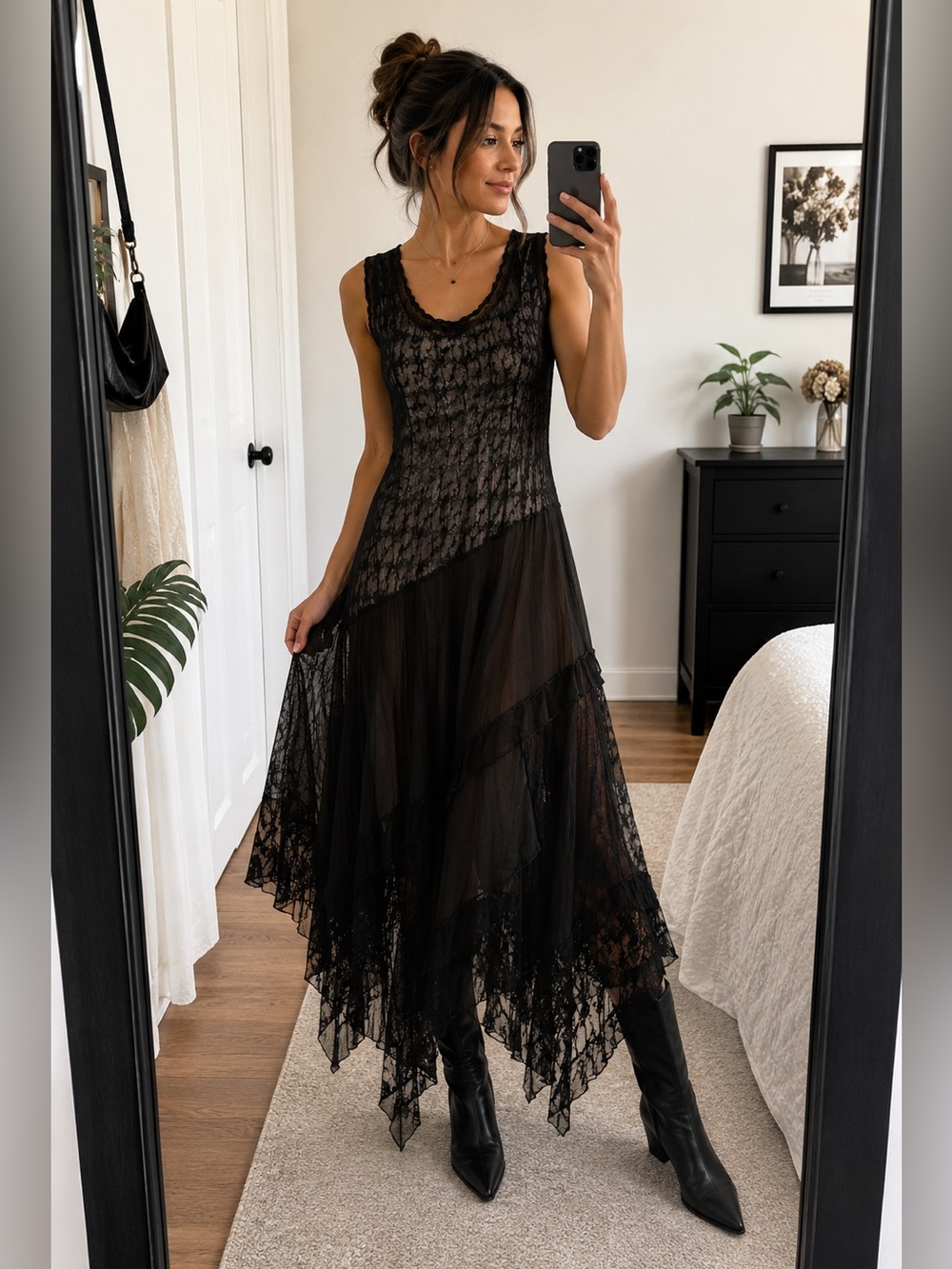 Komarov Black Lace Fairy Grunge Pleated Maxi Dress Goth